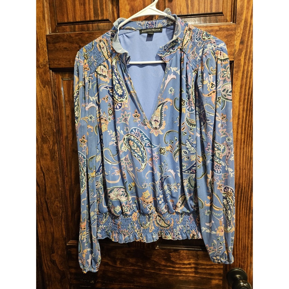 Boston Proper Smocked V Neck Shirt Vibrant Paisley Blue Multicolor Blouse Medium